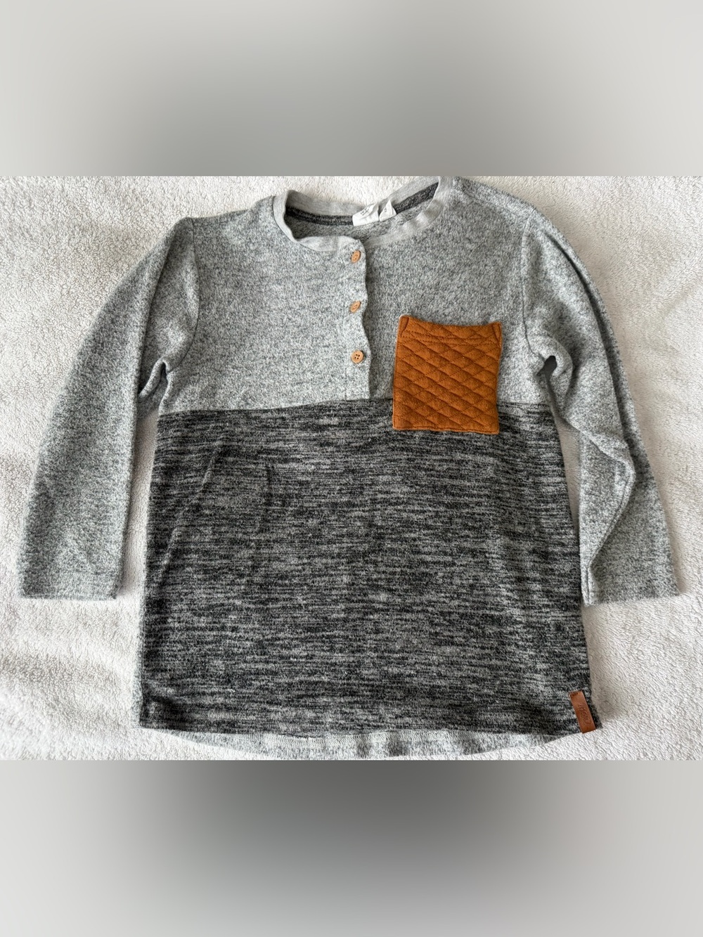 deux par deux Grey Long Sleeve Henley Top with Brown Quilted Pocket